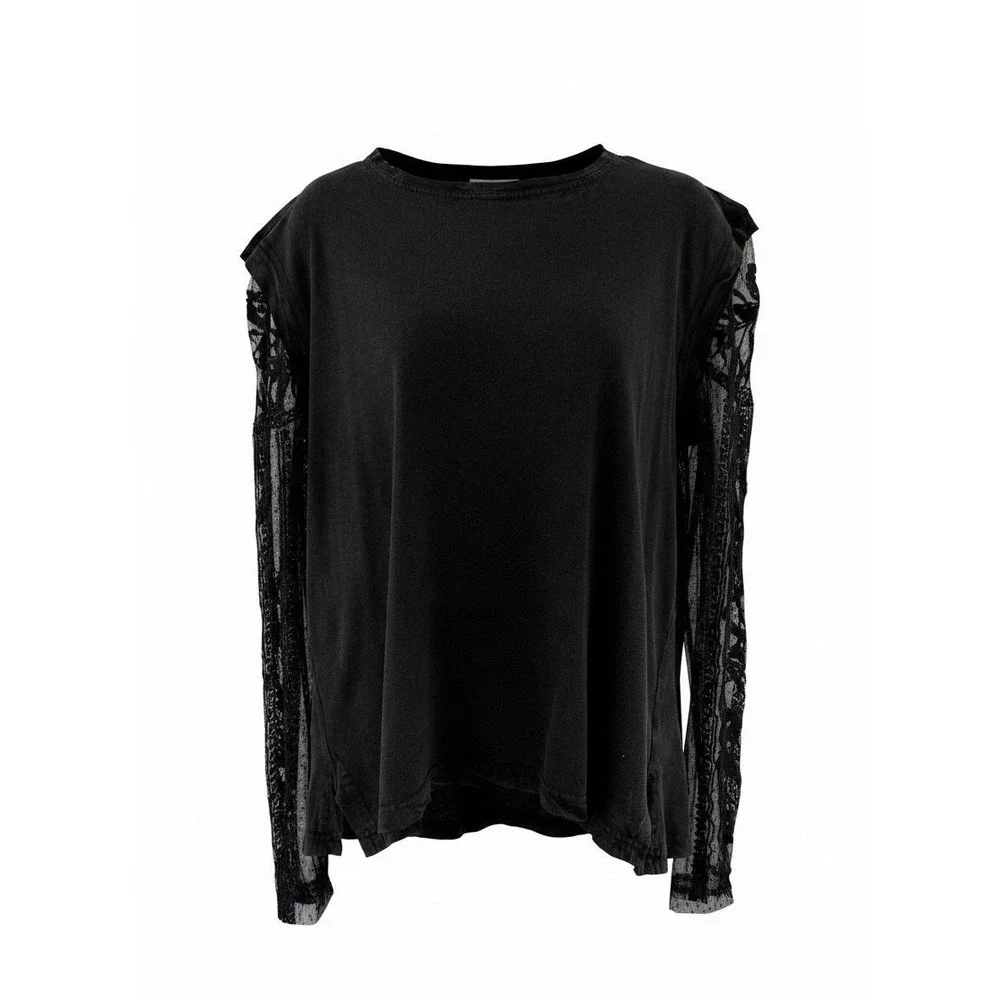 Free People Shirt Womens S Black Sheer Lace Embroidered Sleeve Top Whimsigoth